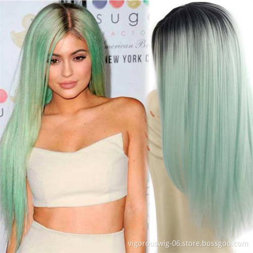 Vigorous Synthetic Wigs Long Straight Ombre Cosplay Costume Wig Heat Resistant Fiber Mint Green Full Wigs for Women